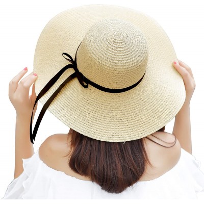 Sun Hats Women Wide Brim Straw Sun Hat Floppy Foldable Roll up Cap Beach Summer Hats UPF 50+ - Beige - C01944RAT2N $14.32