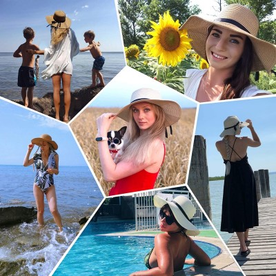 Sun Hats Women Wide Brim Straw Sun Hat Floppy Foldable Roll up Cap Beach Summer Hats UPF 50+ - Beige - C01944RAT2N $14.32