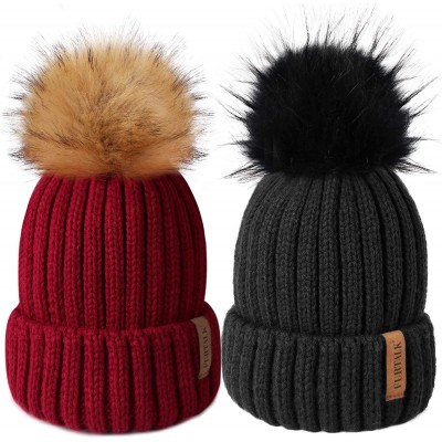 Skullies & Beanies Womens Winter Knitted Beanie Hat with Faux Fur Pom 2 Packs Warm Knit Skull Cap Beanie for Women - C618UWOQ...