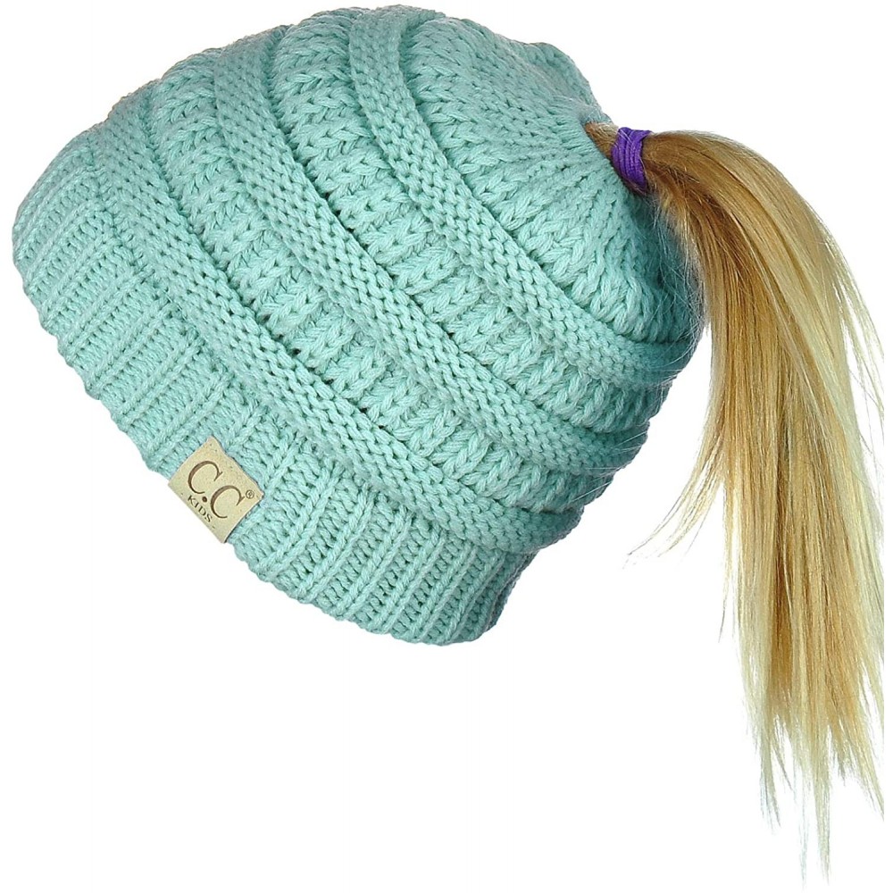 Skullies & Beanies BeanieTail Kids' Children's Soft Cable Knit Messy High Bun Ponytail Beanie Hat - Mint - CA188OT536S $8.94