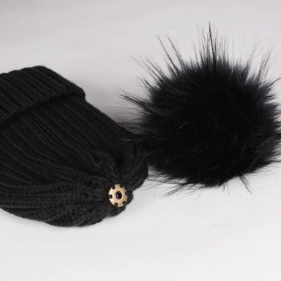 Skullies & Beanies Womens Winter Knitted Beanie Hat with Faux Fur Pom 2 Packs Warm Knit Skull Cap Beanie for Women - C618UWOQ...