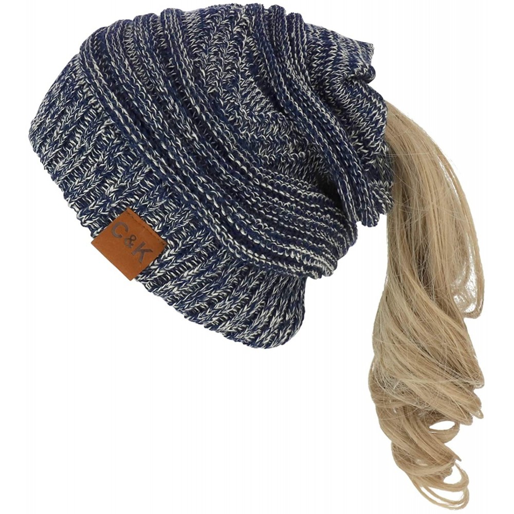 Skullies & Beanies 2 in 1 Winter Multi Knit Ponytail Slouchy Beanie Neck Warmer - Navy Beige - CA18LRT9TXS $23.51