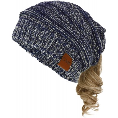 Skullies & Beanies 2 in 1 Winter Multi Knit Ponytail Slouchy Beanie Neck Warmer - Navy Beige - CA18LRT9TXS $23.51