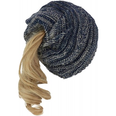 Skullies & Beanies 2 in 1 Winter Multi Knit Ponytail Slouchy Beanie Neck Warmer - Navy Beige - CA18LRT9TXS $23.51