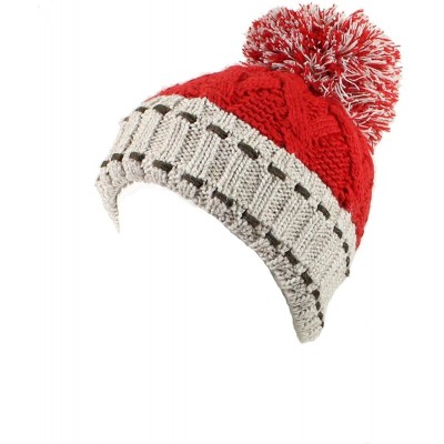 Skullies & Beanies Winter Big Pom Pom Beanie Hat Wool Blend Fleece Lined Color Block 2 Styles - Stitched- Red / Beige - CY120...