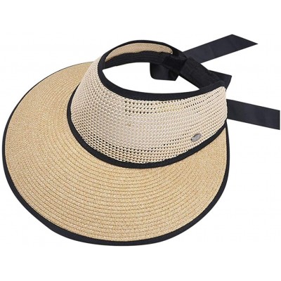 Sun Hats Women's Wide Brim Straw Sun Visor Roll-Up Foldable Sunshad Cap Beach Open Top Hat with Ribbon Binding - C718SM8CNX0 ...
