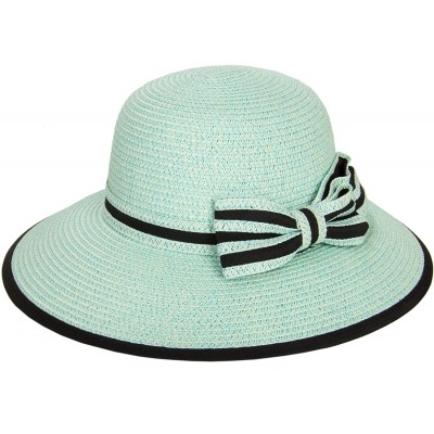 Sun Hats Ladies Women Straw Panama Summer Beach Sun Hat Trilby Fedora w- Bow Band - Teal - C417YQY3G68 $11.14