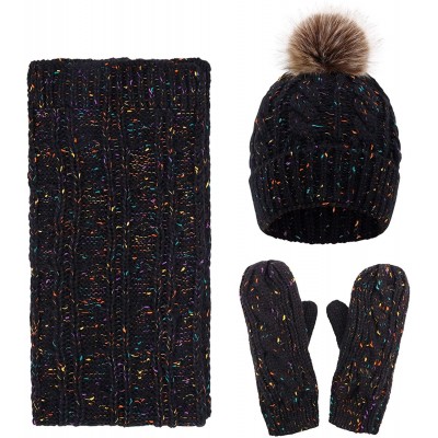 Skullies & Beanies Women's Winter 3 Piece Cable Knit Beanie Hat Gloves & Scarf Set - Mix Black - CC18HHNQEH8 $38.34
