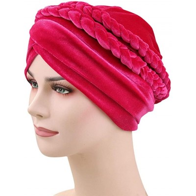 Skullies & Beanies Women Braid Velvet Muslim Stretch Turban Hat Twist Braid Cap Head Scarf Wrap Cap - Hot Pink - CZ18T2SXAUS ...