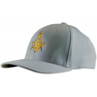 Baseball Caps Gold Square & Compass Embroidered Masonic Flexfit Adult Cool & Dry Piqué Mesh Hat - Silver - CO11S4LN82V $22.65