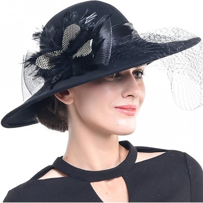 Bucket Hats Women Wool Felt Plume Church Dress Winter Hat - Veiling-black - CZ12NTJJNWQ $19.35