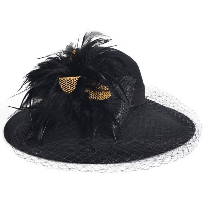 Bucket Hats Women Wool Felt Plume Church Dress Winter Hat - Veiling-black - CZ12NTJJNWQ $19.35