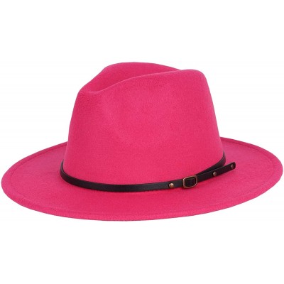 Fedoras Women Fedora Hat Wide Brim Felt hat with Belt Buckle Panama Hat Vintage Jazz Hat - A-rose Red - CS18XSLU6MH $14.36