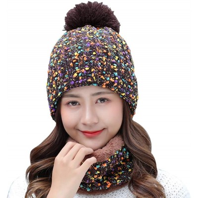 Skullies & Beanies Womens Winter Knit Beanie Hat Scarf Set Windproof Warm Fleece Lined Cap Girls Ski Hat with Pompom - Brown ...