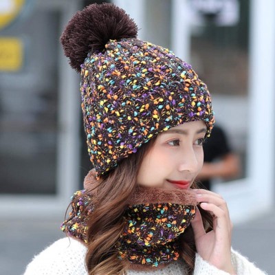 Skullies & Beanies Womens Winter Knit Beanie Hat Scarf Set Windproof Warm Fleece Lined Cap Girls Ski Hat with Pompom - Brown ...