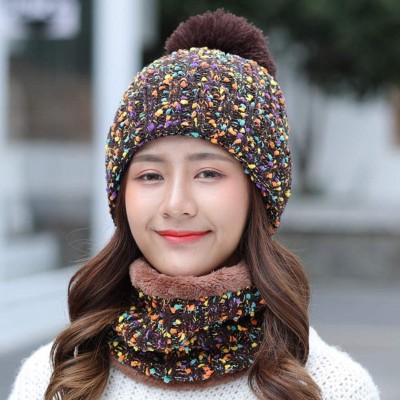 Skullies & Beanies Womens Winter Knit Beanie Hat Scarf Set Windproof Warm Fleece Lined Cap Girls Ski Hat with Pompom - Brown ...