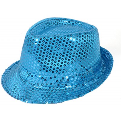Fedoras Solid Color Sequins Fedora Hat (Light Blue) - CH11DNXCE0R $10.83