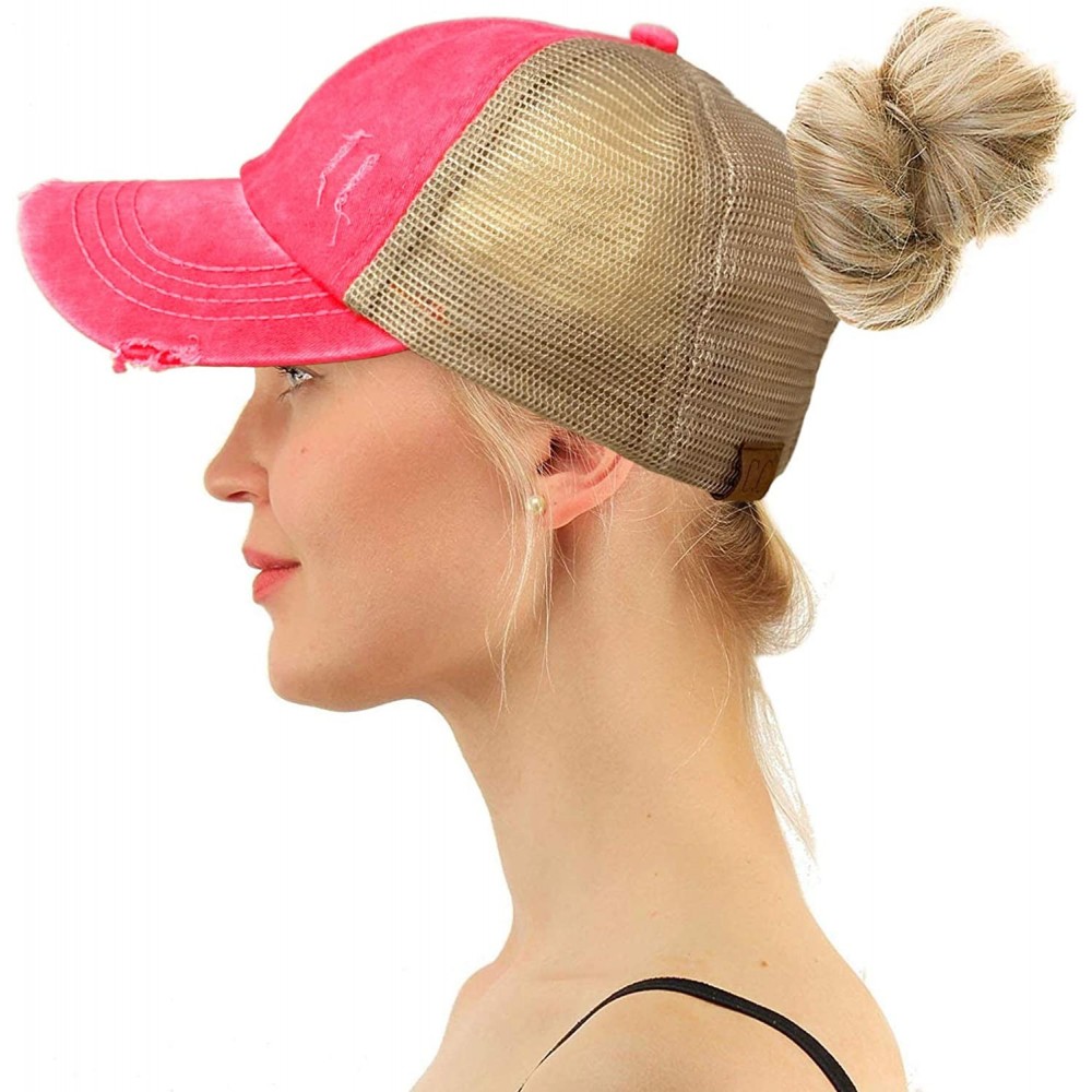 Baseball Caps Ponytail Criss Cross Messy Buns Ponycaps Baseball Cap Dad Trucker Mesh Hat - Distressed Pink - CY1973GEOMU $20.77