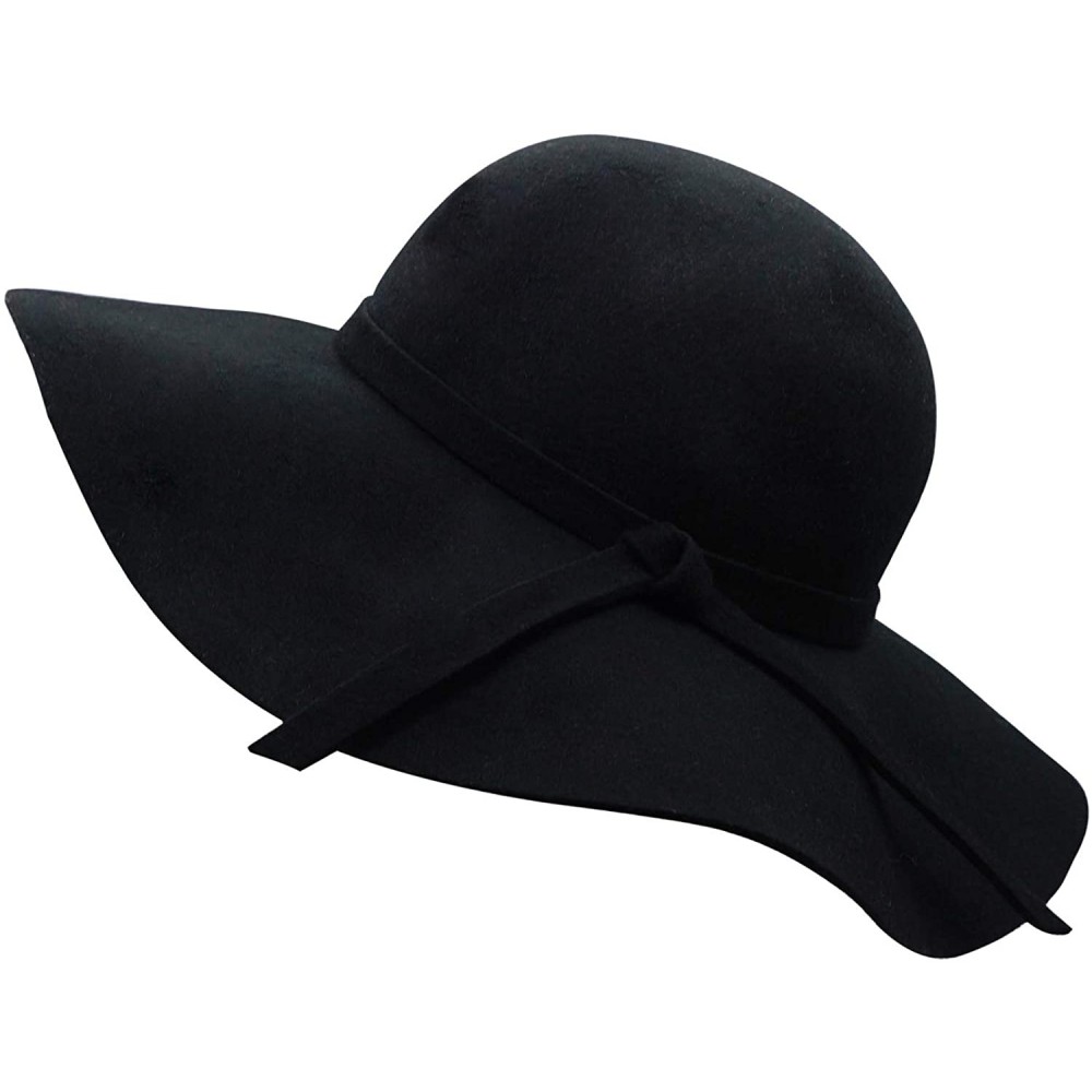 Sun Hats Women's Wide Brim Wool Ribbon Band Floppy Hat - Black - CK11N7Q029P $17.38