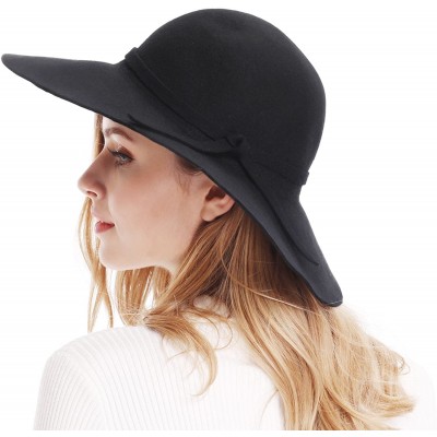 Sun Hats Women's Wide Brim Wool Ribbon Band Floppy Hat - Black - CK11N7Q029P $17.38