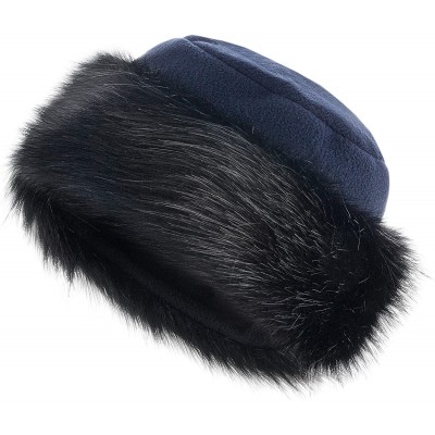 Bomber Hats Faux Fur Trimmed Winter Hat for Women - Classy Russian Hat with Fleece - Navy Blue - Black Fox - CC192L9TXAN $47.58