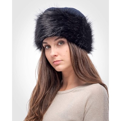 Bomber Hats Faux Fur Trimmed Winter Hat for Women - Classy Russian Hat with Fleece - Navy Blue - Black Fox - CC192L9TXAN $40.94