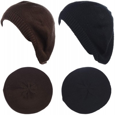 Berets JTL Beret Beanie Hat for Women Fashion Light Weight Knit Solid Color - 2pcs-pack Brown and Black - C018QHIZYL4 $13.73