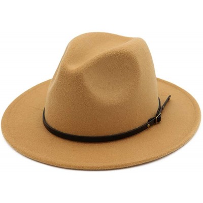 Fedoras Women's Classic Wide Brim Wool Fedora Panama Hat with Belt Buckle - Camel - CD18I8HLH47 $13.71