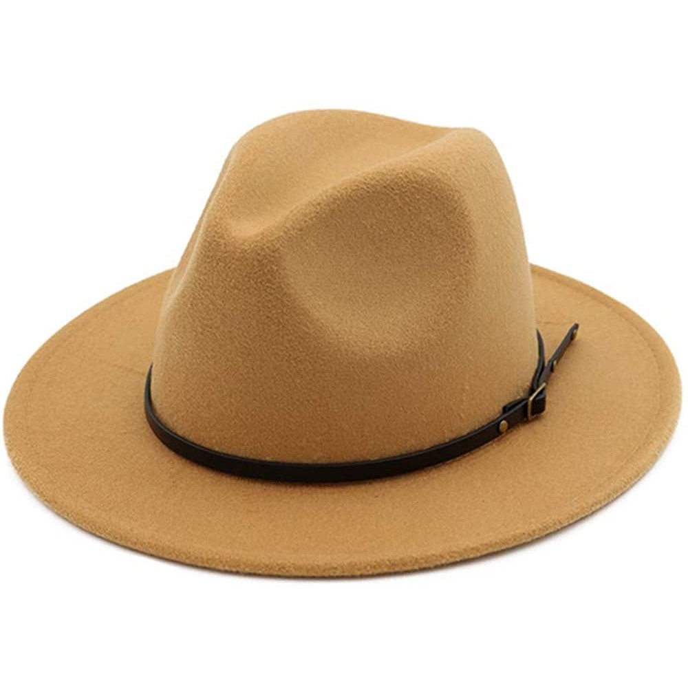 Fedoras Women's Classic Wide Brim Wool Fedora Panama Hat with Belt Buckle - Camel - CD18I8HLH47 $13.71
