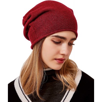 Skullies & Beanies 100% Pure Cashmere Slouchy Beanie Womens Knit Caps - Rubyred - CE18Z3YCM90 $40.79