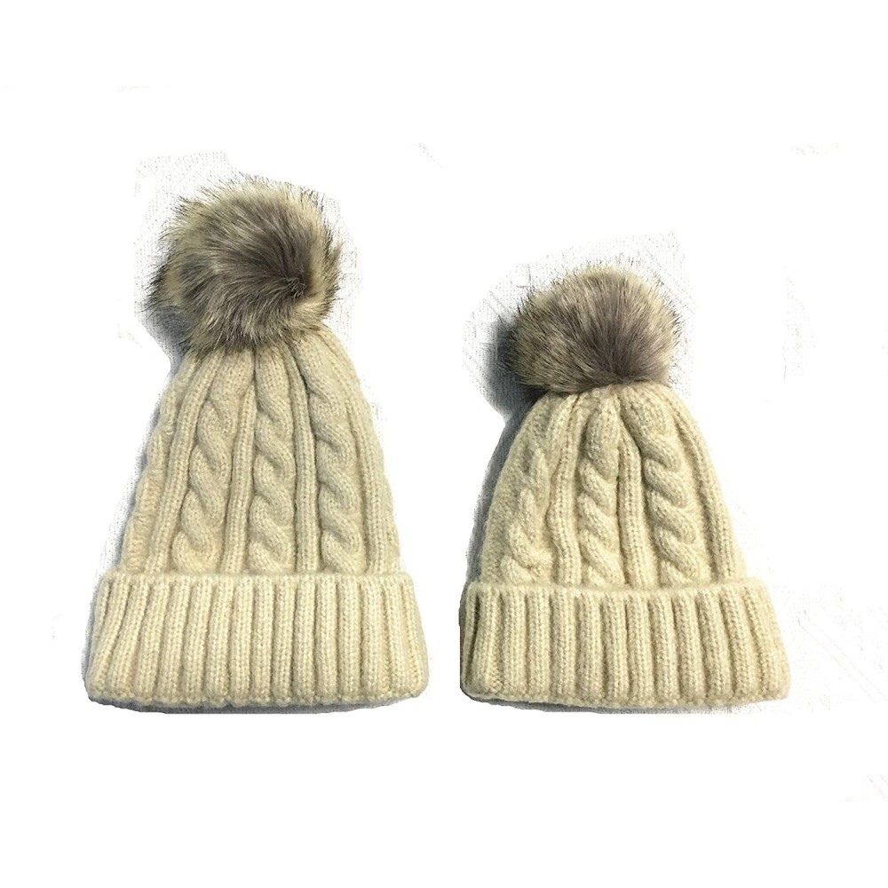 Skullies & Beanies 2PCS Parent-Child Hat Winter Warm Soft Knit Hat Beanie Ski Cap with Removable Pom Pom - Beige - CU18SAC46U...