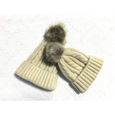 Skullies & Beanies 2PCS Parent-Child Hat Winter Warm Soft Knit Hat Beanie Ski Cap with Removable Pom Pom - Beige - CU18SAC46U...