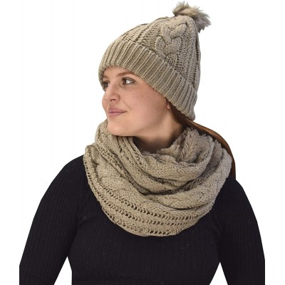 Skullies & Beanies Thick Warm Crochet Beanie Hat & Plush Fur Lined Infinity Loop Scarf Set - Taupe 97 - CE18YEE9QT0 $32.59