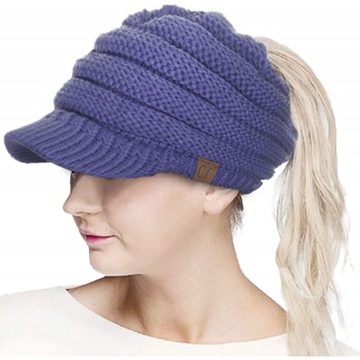 Skullies & Beanies Brim BeanieTail Ponytail Messy Bun Solid Ribbed Beanie Hat Sun Cap - Dark Denim - CP180NED3HM $19.18