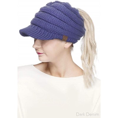 Skullies & Beanies Brim BeanieTail Ponytail Messy Bun Solid Ribbed Beanie Hat Sun Cap - Dark Denim - CP180NED3HM $19.18