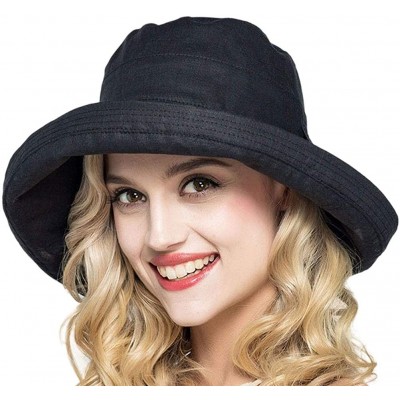 Sun Hats Women Wide Brim Bow Beach Reversible UV Sun Protection Packable Bucket Hat - Black - CK18H5U49TH $19.50