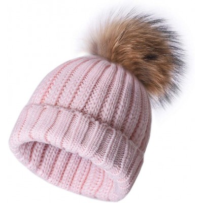 Skullies & Beanies Winter Knit Hat Real Fox/Raccoon Fur Pom Pom Womens Girls Knit Beanie Hat - Pink - CD186EKMO3A $19.94