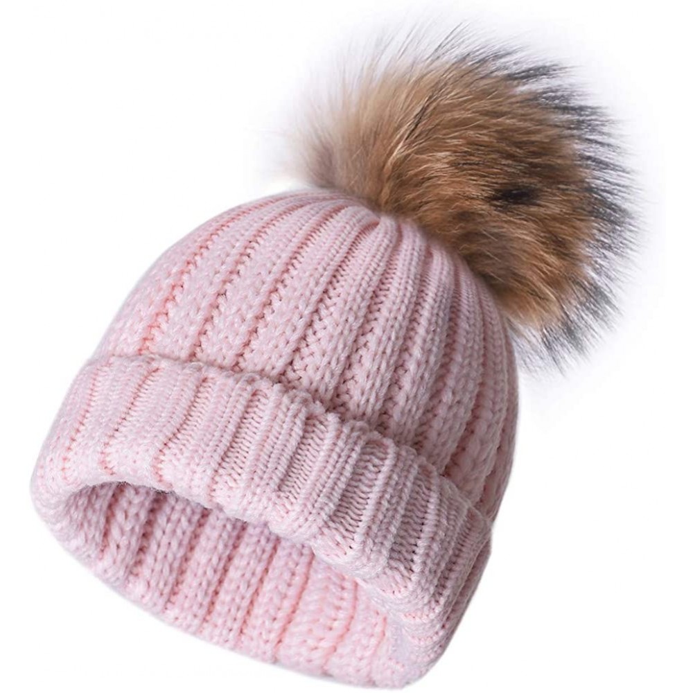 Skullies & Beanies Winter Knit Hat Real Fox/Raccoon Fur Pom Pom Womens Girls Knit Beanie Hat - Pink - CD186EKMO3A $19.94