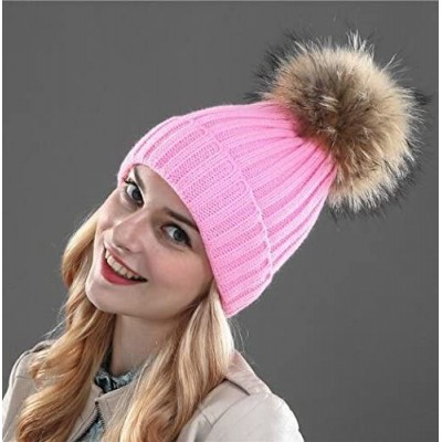 Skullies & Beanies Winter Knit Hat Real Fox/Raccoon Fur Pom Pom Womens Girls Knit Beanie Hat - Pink - CD186EKMO3A $19.94