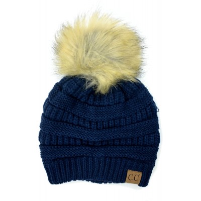 Skullies & Beanies Soft Stretch Cable Knit Ribbed Faux Fur Pom Pom Beanie Hat - Navy - CH12LLP14XL $12.78