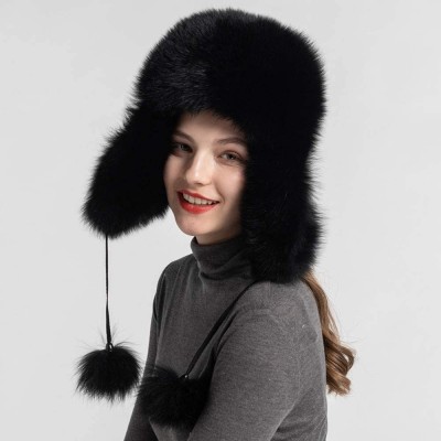 Skullies & Beanies Winter Real Fur Bomber Hat - Women's Snow Skiing Caps Ushanka Trapper Beanie Earflap Russian - Black - CB1...