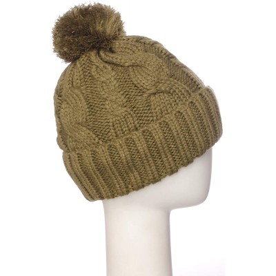 Skullies & Beanies Women Chunky Soft Strech Cable Knit Pom Pom Beanie Sherpa Fleece Lined - Olive - CP18KIN0222 $10.49