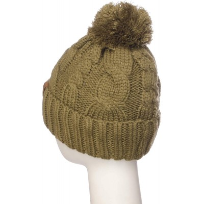 Skullies & Beanies Women Chunky Soft Strech Cable Knit Pom Pom Beanie Sherpa Fleece Lined - Olive - CP18KIN0222 $10.49