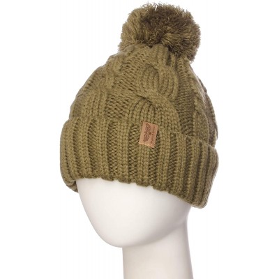 Skullies & Beanies Women Chunky Soft Strech Cable Knit Pom Pom Beanie Sherpa Fleece Lined - Olive - CP18KIN0222 $10.49