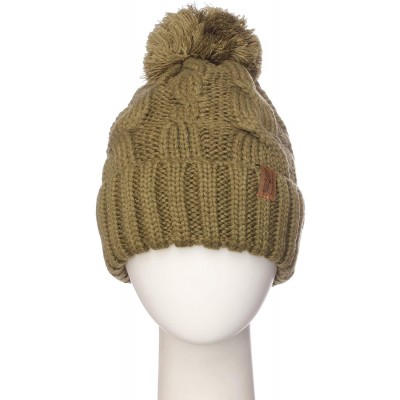 Skullies & Beanies Women Chunky Soft Strech Cable Knit Pom Pom Beanie Sherpa Fleece Lined - Olive - CP18KIN0222 $10.49