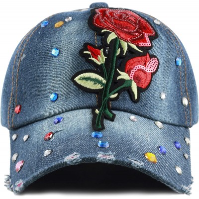 Baseball Caps 200 Bling Jewel Rhinestone Rose Patch Washed Denim Baseball Cap - 18. Rose Jewel-2 - CS18RG46DZ6 $10.91