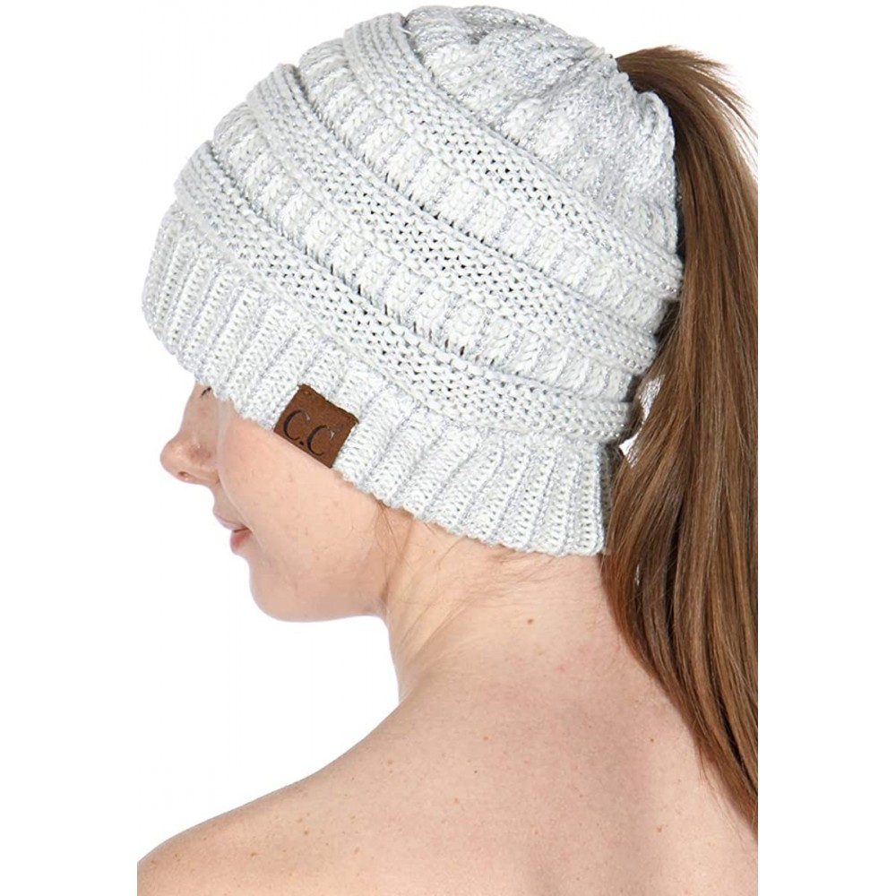 Skullies & Beanies Beanie Ponytail Beanie Messy bun Beanie Soft Warm Cable Winter Chunky Skull Cap - Metallic Ivory/Silver - ...