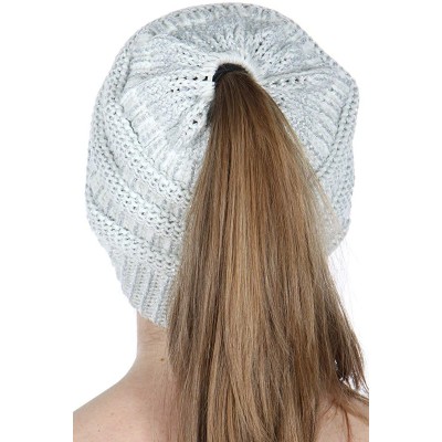 Skullies & Beanies Beanie Ponytail Beanie Messy bun Beanie Soft Warm Cable Winter Chunky Skull Cap - Metallic Ivory/Silver - ...