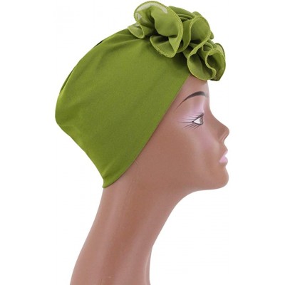 Sun Hats Shiny Metallic Turban Cap Indian Pleated Headwrap Swami Hat Chemo Cap for Women - Army Green African Flower - CM18WE...