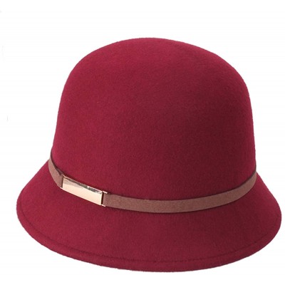 Bucket Hats 100% Wool Vintage Felt Cloche Bucket Bowler Hat Winter Women Church Hats - Dome Red25 - CD18LKEMG5L $25.94